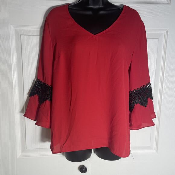 BCX Shirt Women Medium Red Black Lace Details Bell Sleeve Whimsigoth Blouse Top - Picture 1 of 12